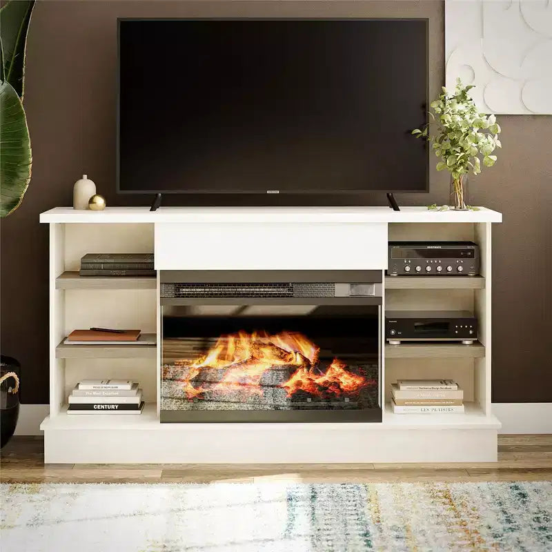 Consolle per camino per TV da 65" - Intonaco e rovere chiaro
