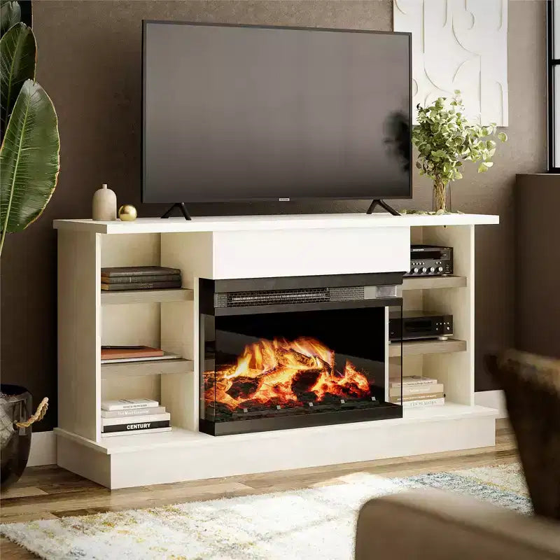 Consolle per camino per TV da 65" - Intonaco e rovere chiaro
