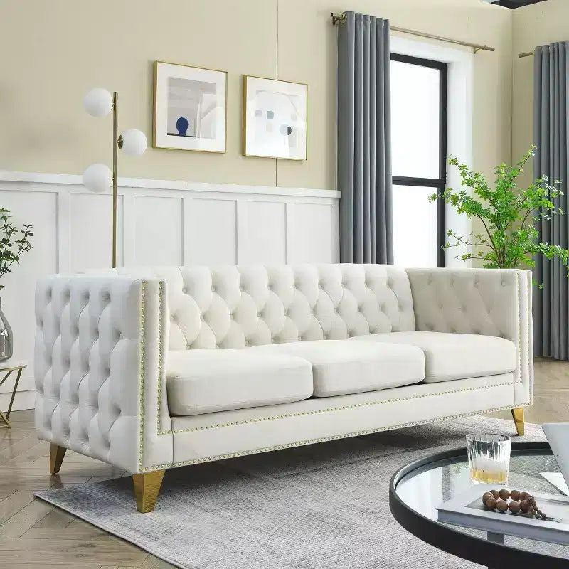 Velvet Sofa for Living Room,Buttons Tufted Square Arm Couch, Modern Couch Upholstered Button and Metal Legs, Sofa Couch for Bedroom