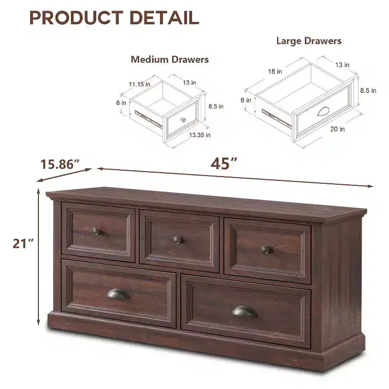 Cassettiera da fattoria con 5 cassetti, cassettiera orizzontale larga 114 cm per camera da letto, cassettiera rustica in legno per armadi