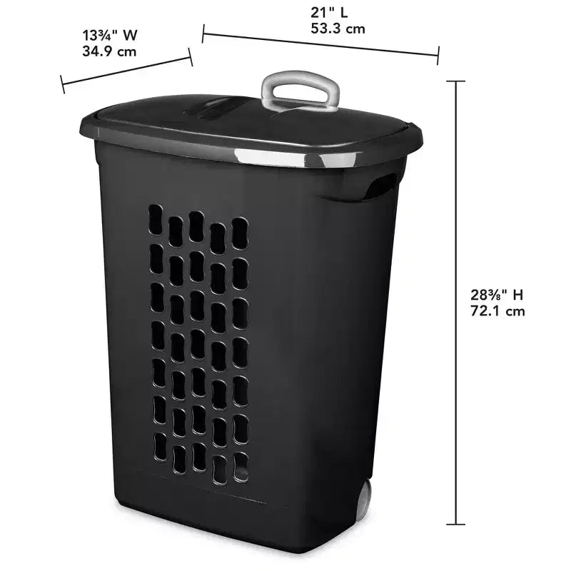 Cesto portabiancheria Ultra, Contenitore in plastica per vestiti con ruote, manico retrattile a presa sicura, bordo rinforzato e coperchio ribaltabile, nero, confezione da 18