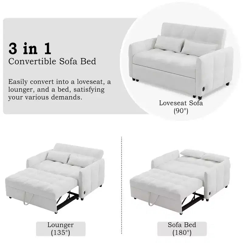 Divanetto Sleeper Estraibile da 52,8" con Schienale Regolabile, 3 Porte USB e Cuscini Lombari - Divano Letto Tufted in Ciniglia per Piccoli Spazi