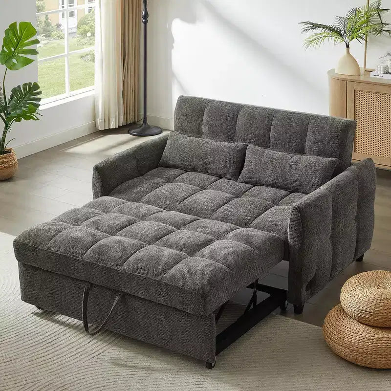 Divanetto Sleeper Estraibile da 52,8" con Schienale Regolabile, 3 Porte USB e Cuscini Lombari - Divano Letto Tufted in Ciniglia per Piccoli Spazi
