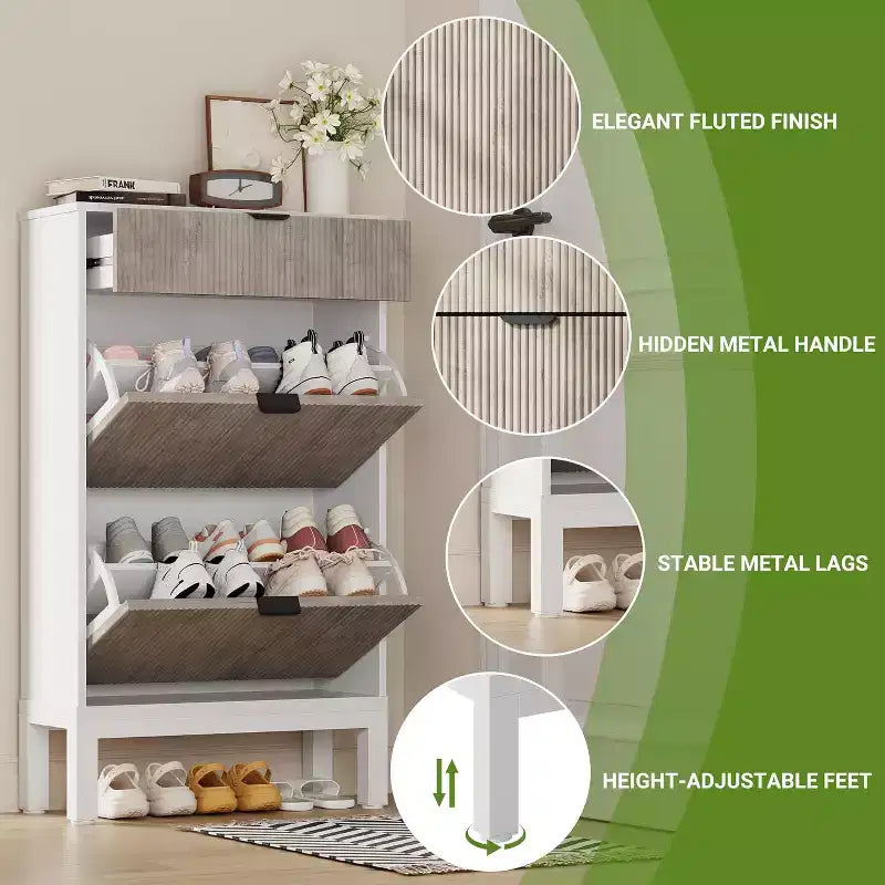 Scarpiera a cassetti a ribalta con design a coste, organizer sottile per scarpe in stile rustico, scarpiera nascosta autoportante per ingresso o corridoio