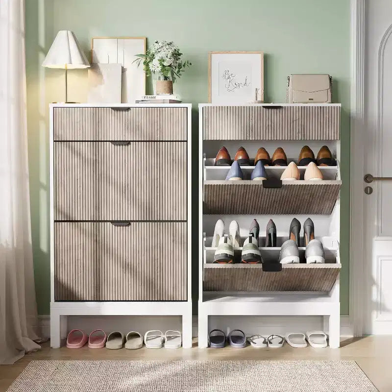 Scarpiera a cassetti a ribalta con design a coste, organizer sottile per scarpe in stile rustico, scarpiera nascosta autoportante per ingresso o corridoio