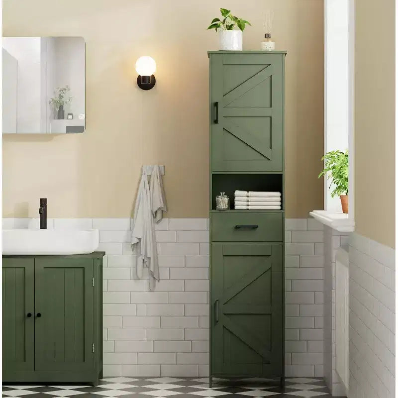 Mobile da bagno alto 170 cm con 2 ante scorrevoli e 1 cassetto, mobiletto stretto, ripiani regolabili, mobiletto a pavimento per bagno