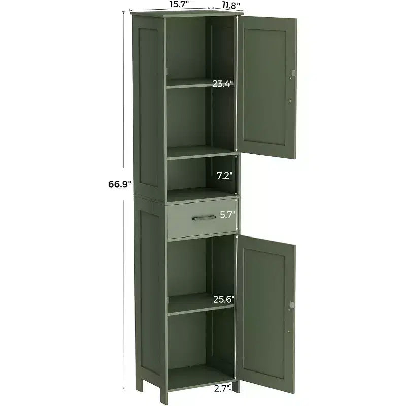 Mobile da bagno alto 170 cm con 2 ante scorrevoli e 1 cassetto, mobiletto stretto, ripiani regolabili, mobiletto a pavimento per bagno