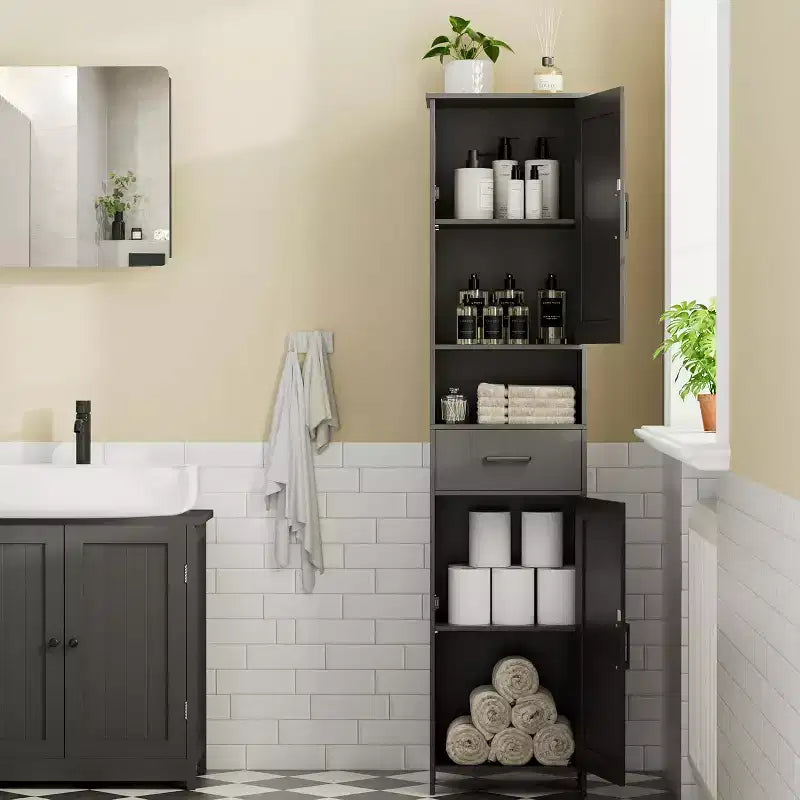 Mobile da bagno alto 170 cm con 2 ante scorrevoli e 1 cassetto, mobiletto stretto, ripiani regolabili, mobiletto a pavimento per bagno