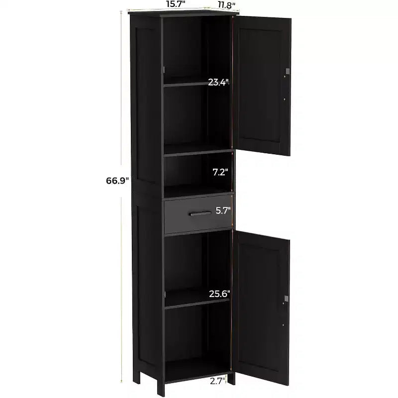Mobile da bagno alto 170 cm con 2 ante scorrevoli e 1 cassetto, mobiletto stretto, ripiani regolabili, mobiletto a pavimento per bagno