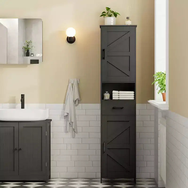 Mobile da bagno alto 170 cm con 2 ante scorrevoli e 1 cassetto, mobiletto stretto, ripiani regolabili, mobiletto a pavimento per bagno