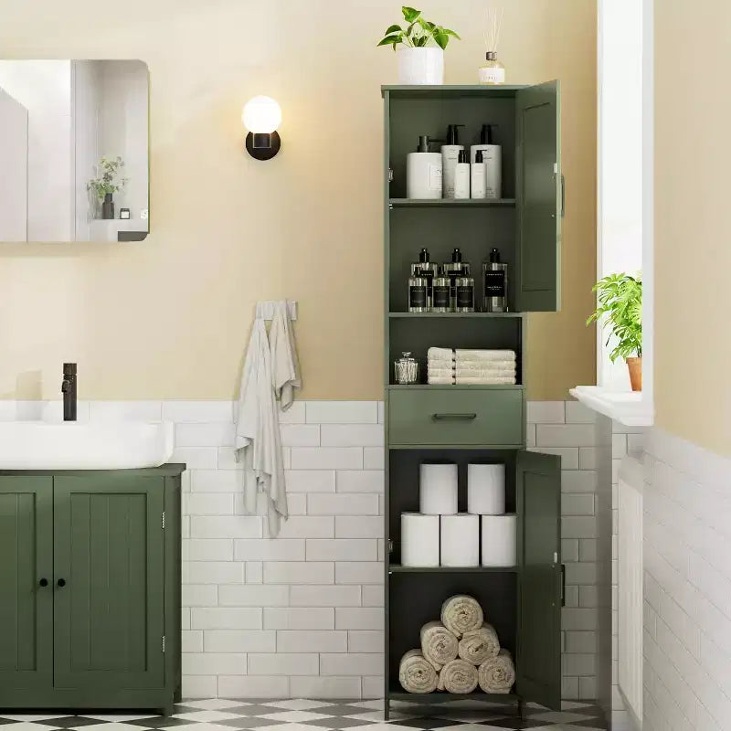 Mobile da bagno alto 170 cm con 2 ante scorrevoli e 1 cassetto, mobiletto stretto, ripiani regolabili, mobiletto a pavimento per bagno