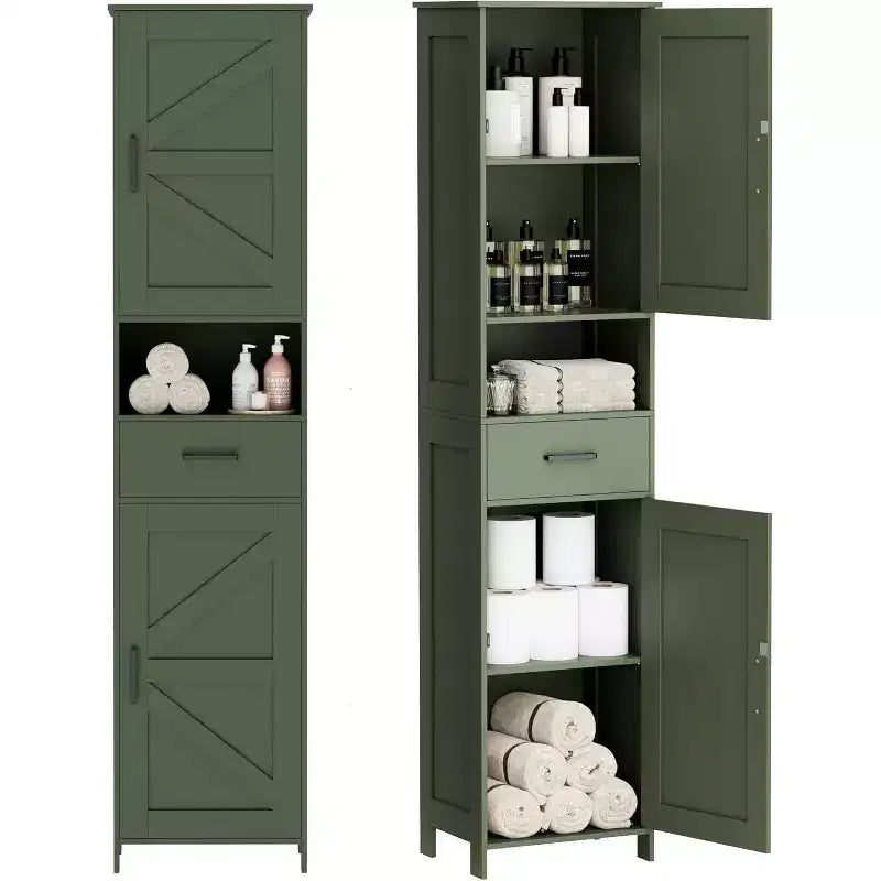 Mobile da bagno alto 170 cm con 2 ante scorrevoli e 1 cassetto, mobiletto stretto, ripiani regolabili, mobiletto a pavimento per bagno