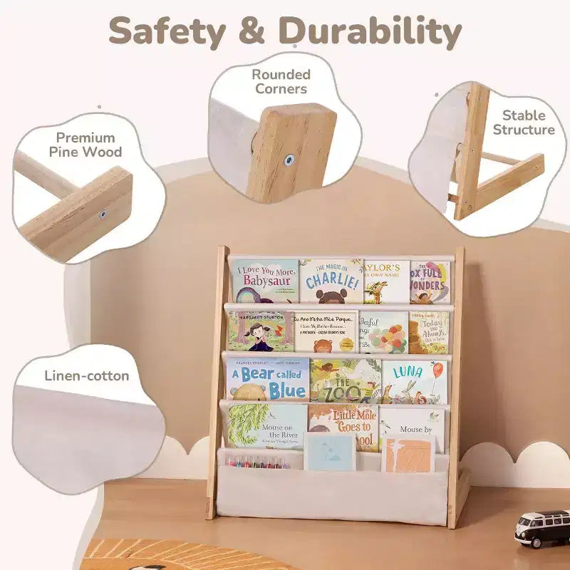 Scaffale/Libreria per Bambini a 4 o 5 Ripiani – Legno Massello, Libreria Compatta, Scaffali Aperti