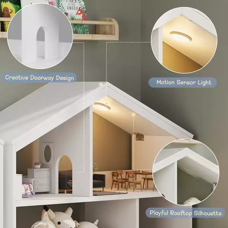 Libreria per bambini a 2 ripiani e organizer per giocattoli con luce a sensore di movimento, scaffale in legno per sale giochi, aule e camerette per bambini