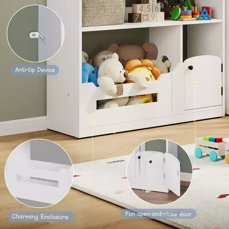 Libreria per bambini a 2 ripiani e organizer per giocattoli con luce a sensore di movimento, scaffale in legno per sale giochi, aule e camerette per bambini