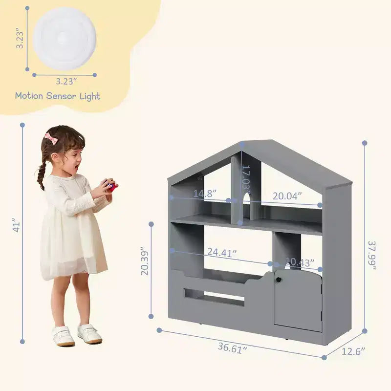 Libreria per bambini a 2 ripiani e organizer per giocattoli con luce a sensore di movimento, scaffale in legno per sale giochi, aule e camerette per bambini