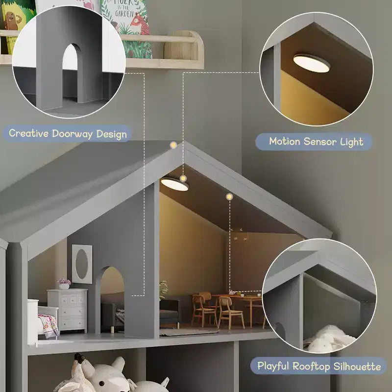 Libreria per bambini a 2 ripiani e organizer per giocattoli con luce a sensore di movimento, scaffale in legno per sale giochi, aule e camerette per bambini