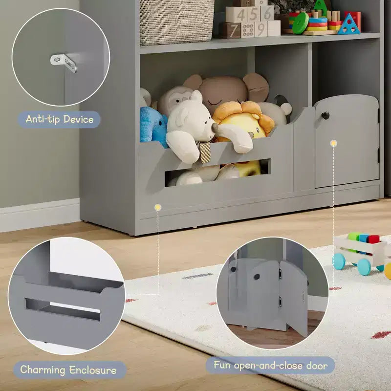 Libreria per bambini a 2 ripiani e organizer per giocattoli con luce a sensore di movimento, scaffale in legno per sale giochi, aule e camerette per bambini