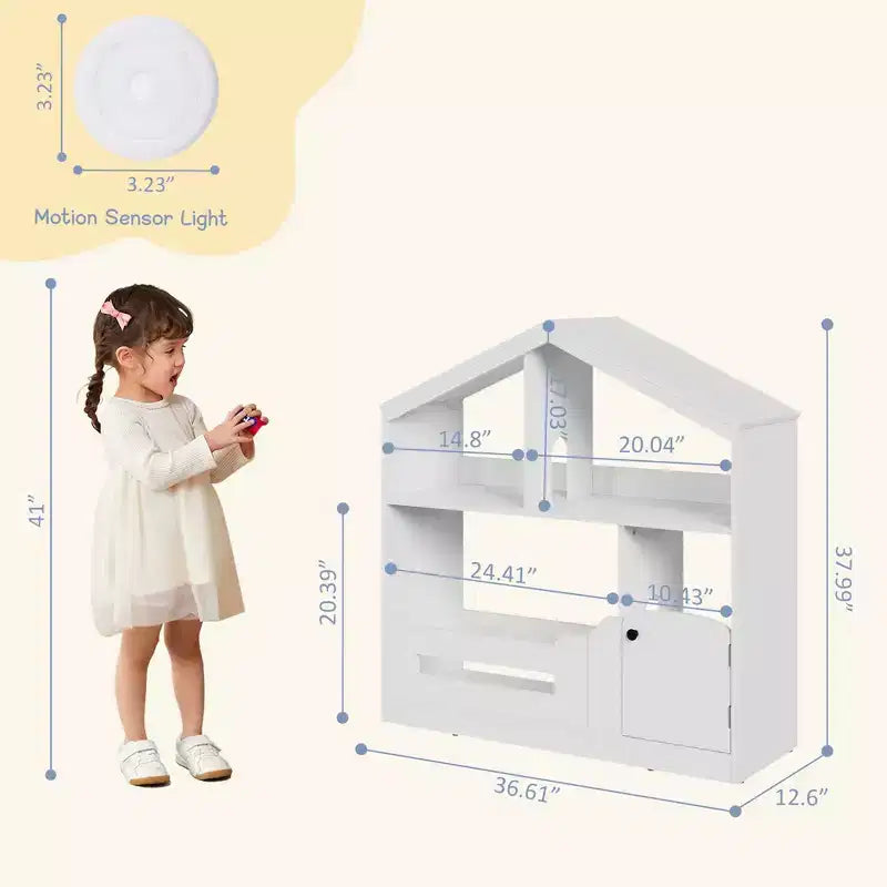 Libreria per bambini a 2 ripiani e organizer per giocattoli con luce a sensore di movimento, scaffale in legno per sale giochi, aule e camerette per bambini