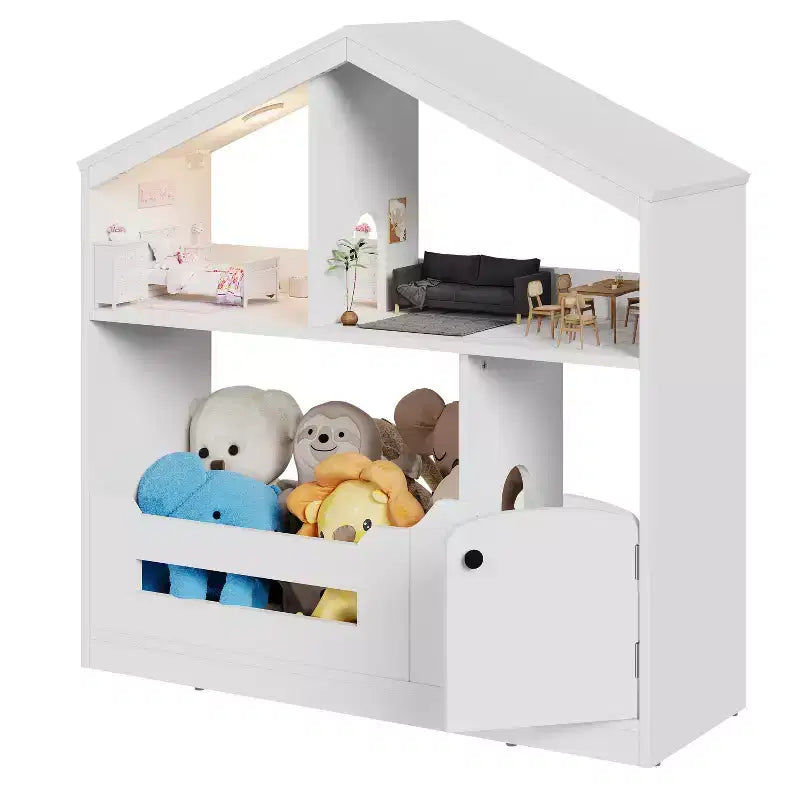 Libreria per bambini a 2 ripiani e organizer per giocattoli con luce a sensore di movimento, scaffale in legno per sale giochi, aule e camerette per bambini
