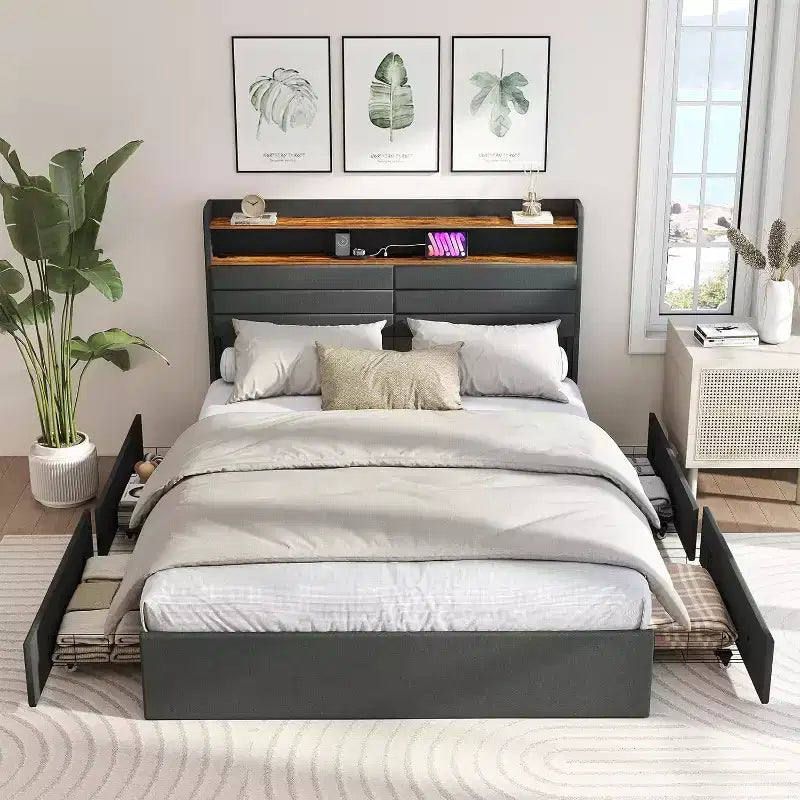 Zevemomo Full Bed Frame with 4 Storage Drawers, Full Size Upholstered Bed Frame with Headboard, LED,Sturdy Metal Slat Support, No Noise, Dark Gray