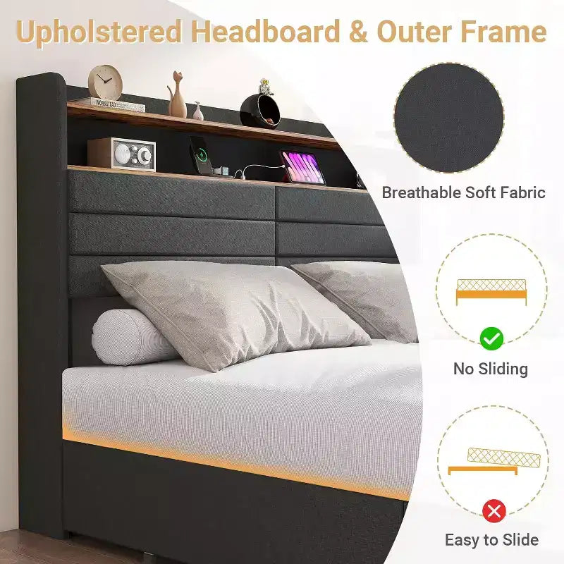 Struttura Letto Matrimoniale con 4 Cassetti Contenitore, Struttura Letto Imbottita Matrimoniale con Testiera, LED, Robusto Supporto a Doghe in Metallo, Nessun Rumore, Grigio Scuro