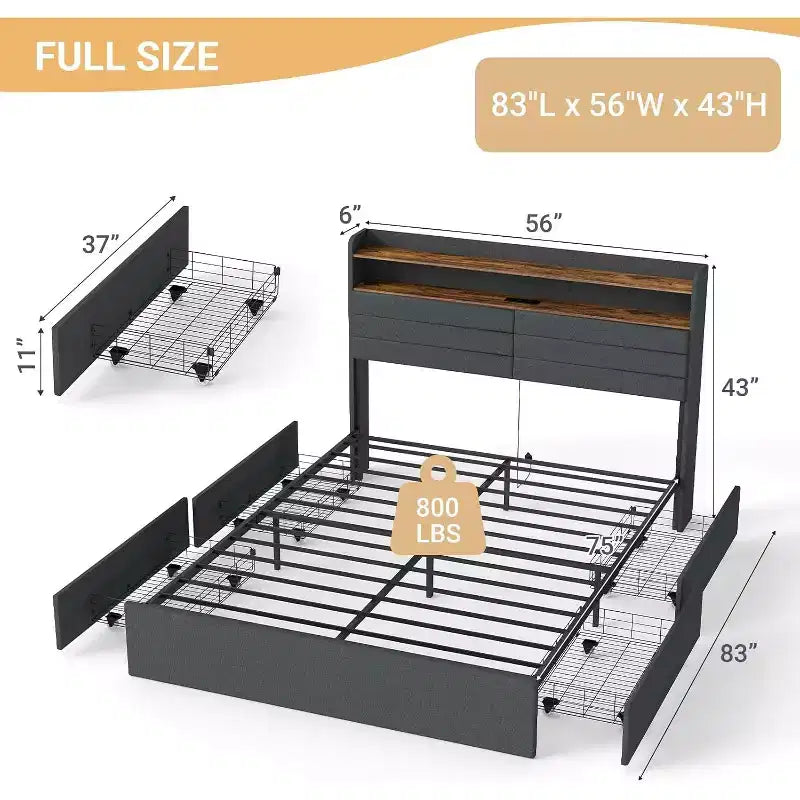 Struttura Letto Matrimoniale con 4 Cassetti Contenitore, Struttura Letto Imbottita Matrimoniale con Testiera, LED, Robusto Supporto a Doghe in Metallo, Nessun Rumore, Grigio Scuro