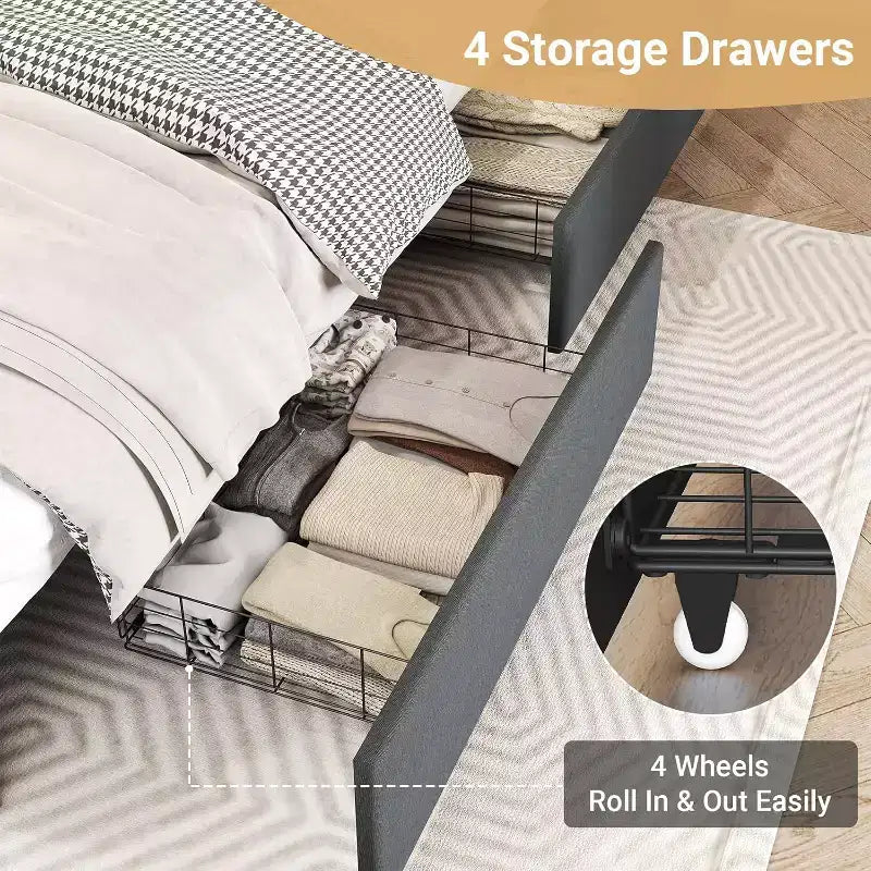Struttura Letto Matrimoniale con 4 Cassetti Contenitore, Struttura Letto Imbottita Matrimoniale con Testiera, LED, Robusto Supporto a Doghe in Metallo, Nessun Rumore, Grigio Scuro