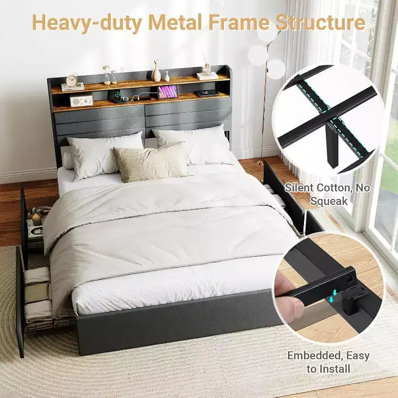 Struttura Letto Matrimoniale con 4 Cassetti Contenitore, Struttura Letto Imbottita Matrimoniale con Testiera, LED, Robusto Supporto a Doghe in Metallo, Nessun Rumore, Grigio Scuro