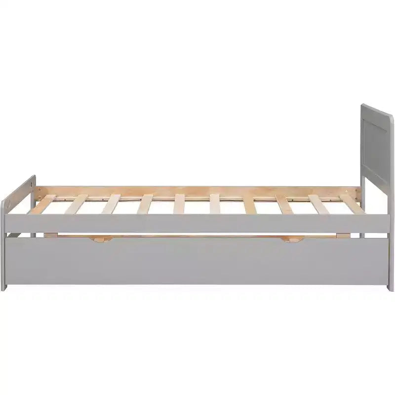 Modern Twin Platform Bed Frame con Trundle, a Castelli Singolo su Piazza, con Sponda e Scaletta, Doghe in Legno, Senza Rete a Molle, Grigio