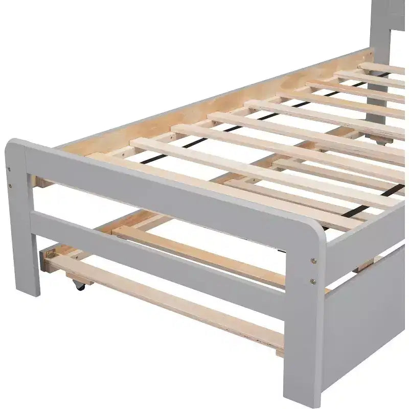 Modern Twin Platform Bed Frame con Trundle, a Castelli Singolo su Piazza, con Sponda e Scaletta, Doghe in Legno, Senza Rete a Molle, Grigio