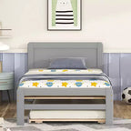 Modern Twin Platform Bed Frame con Trundle, a Castelli Singolo su Piazza, con Sponda e Scaletta, Doghe in Legno, Senza Rete a Molle, Grigio