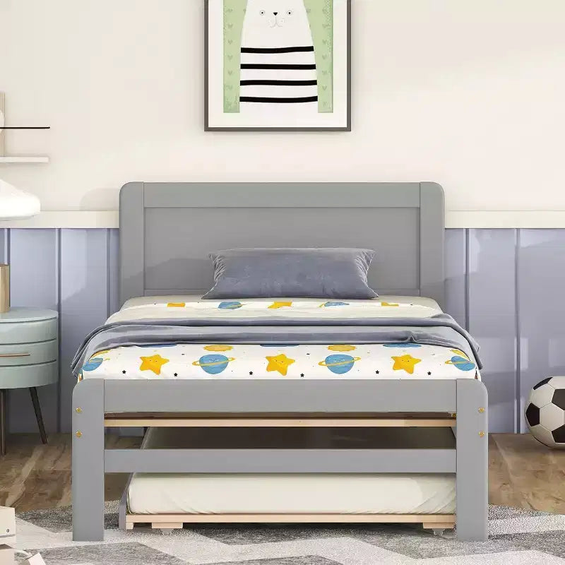 Modern Twin Platform Bed Frame con Trundle, a Castelli Singolo su Piazza, con Sponda e Scaletta, Doghe in Legno, Senza Rete a Molle, Grigio