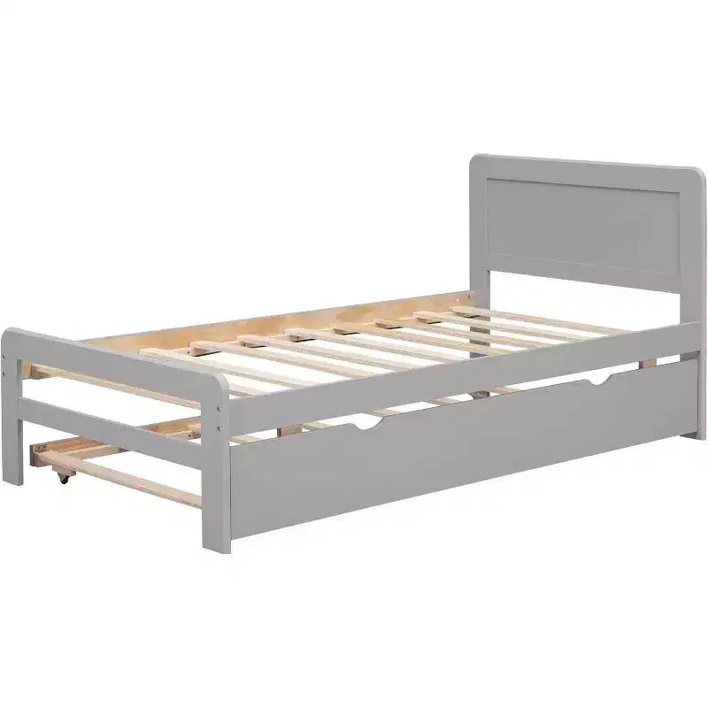 Modern Twin Platform Bed Frame con Trundle, a Castelli Singolo su Piazza, con Sponda e Scaletta, Doghe in Legno, Senza Rete a Molle, Grigio