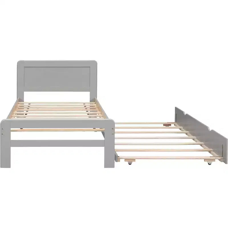 Modern Twin Platform Bed Frame con Trundle, a Castelli Singolo su Piazza, con Sponda e Scaletta, Doghe in Legno, Senza Rete a Molle, Grigio
