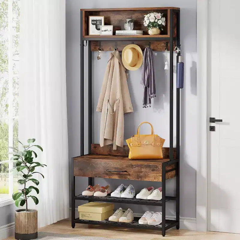 Albero da Ingresso 3-in-1 con Cassetto, Appendiabiti Industriale Vintage con Panchina Porta Scarpe e Mobiletto per Soggiorno, Camera da Letto, Marrone