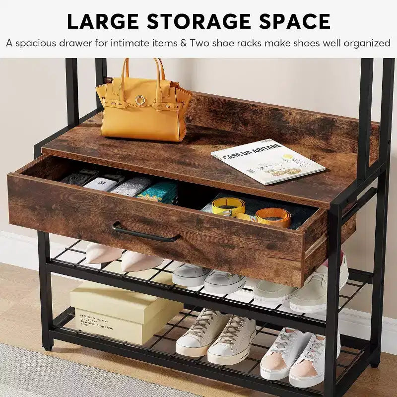 Albero da Ingresso 3-in-1 con Cassetto, Appendiabiti Industriale Vintage con Panchina Porta Scarpe e Mobiletto per Soggiorno, Camera da Letto, Marrone