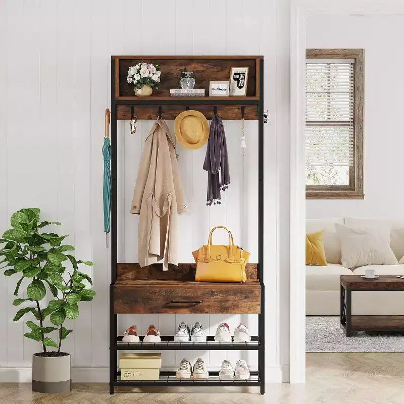 Albero da Ingresso 3-in-1 con Cassetto, Appendiabiti Industriale Vintage con Panchina Porta Scarpe e Mobiletto per Soggiorno, Camera da Letto, Marrone