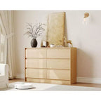 6 Drawer Dresser, Farmhouse 47 Inch Chest of Drawers with Handle-Less Design, Natural Oak Wooden Storage Cabinet for Bedroom & Living Room, Brown