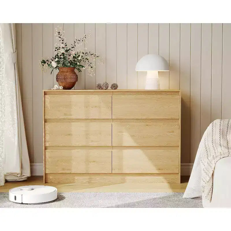 Cassettiera a 6 cassetti, cassettiera da fattoria da 120 cm con design senza maniglie, mobile contenitore in legno di rovere naturale per camera da letto e soggiorno, marrone
