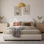 ModernLuxe Queen/King Size Platform Bed with Gourd-Shaped Rubberwood Legs, Cream Boucle Upholstered Bed Frame, No Box Spring Needed