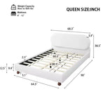 Letto a piattaforma Queen/King con gambe in legno di gomma a forma di zucca, struttura imbottita in boucle color crema, non richiede rete a molle