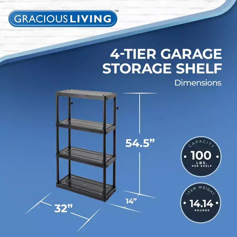 Scaffalatura a 4 ripiani a altezza fissa ventilata per impieghi medi 14 x 32 x 54.5 Sistema organizzativo per casa, garage, cantina e lavanderia, nero