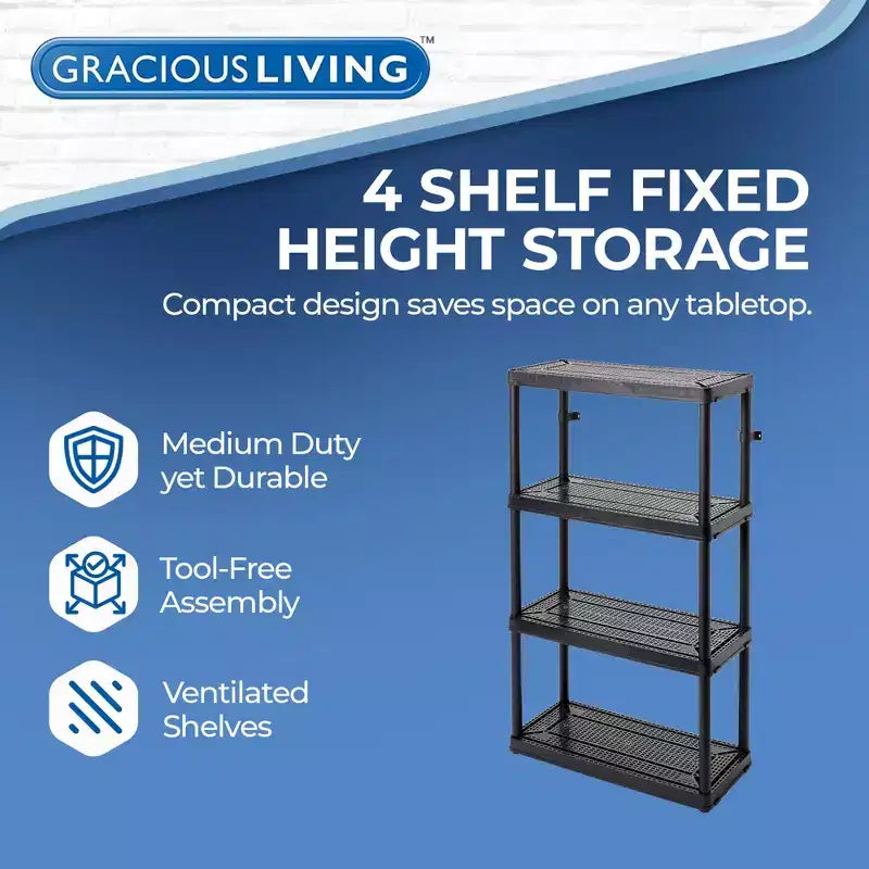 Scaffalatura a 4 ripiani a altezza fissa ventilata per impieghi medi 14 x 32 x 54.5 Sistema organizzativo per casa, garage, cantina e lavanderia, nero
