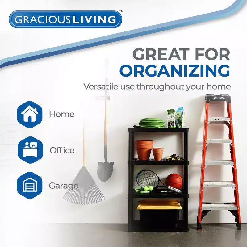 Scaffalatura a 4 ripiani a altezza fissa ventilata per impieghi medi 14 x 32 x 54.5 Sistema organizzativo per casa, garage, cantina e lavanderia, nero