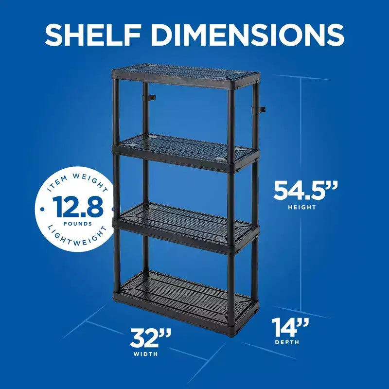 Scaffalatura a 4 ripiani a altezza fissa ventilata per impieghi medi 14 x 32 x 54.5 Sistema organizzativo per casa, garage, cantina e lavanderia, nero