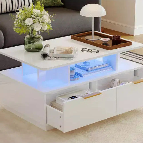 COZONY 35'' Modern Coffee Table with 4 Drawers and Open Shelf, High Gloss White Rectangle Center Table for Living Room