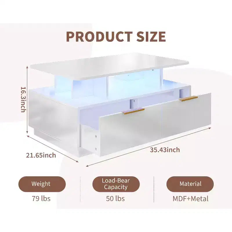 Tavolino da caffè moderno da 35" con 4 cassetti e ripiano aperto, tavolo centrale rettangolare bianco lucido per soggiorno