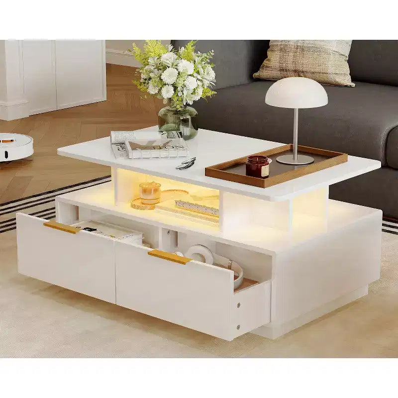Tavolino da caffè moderno da 35" con 4 cassetti e ripiano aperto, tavolo centrale rettangolare bianco lucido per soggiorno