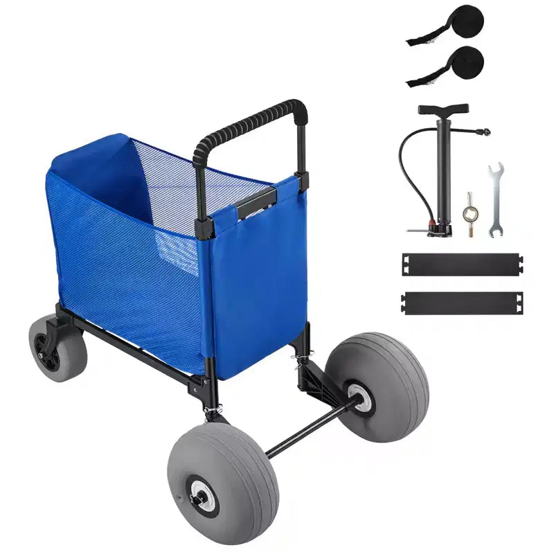VEVOR Beach Cart with Large Wheels for Sand, 165 lbs Load Capacity, Heavy Duty Folding Beach Wagon with 12 Balloon Wheels, Storage Bag, Blue+Black